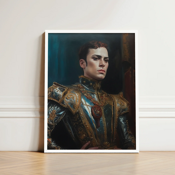 Framed Portrait Man Ornate Dark Blue Gold Armor Ostentatious Military, Regal Splendor, Art Print