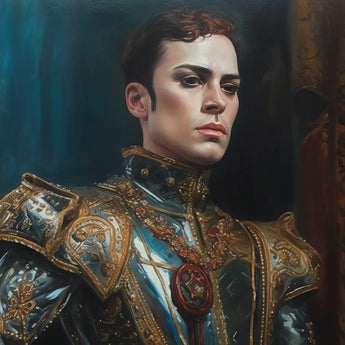 The Admiral - Baroque Gay Naval Portrait Art Print / Canvas Royal Blue Gold Armor Intricate Designs Ostentatious Military Portrait, Regal