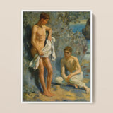 After the Bath - Henry Scott Tuke Art Print / Canvas Framed Oil Painting Two Nude Young Men Coastal Tuke Orchestrates Color, Earth Tones,