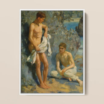 After the Bath - Henry Scott Tuke Art Print / Canvas Framed Oil Painting Two Nude Young Men Coastal Tuke Orchestrates Color, Earth Tones,