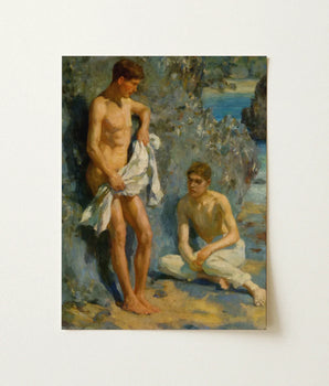Framed Oil Painting Two Nude Young Men Coastal Tuke Orchestrates Color, Earth Tones, Rocks Cradle, Gaze Lifted Bodies Glow