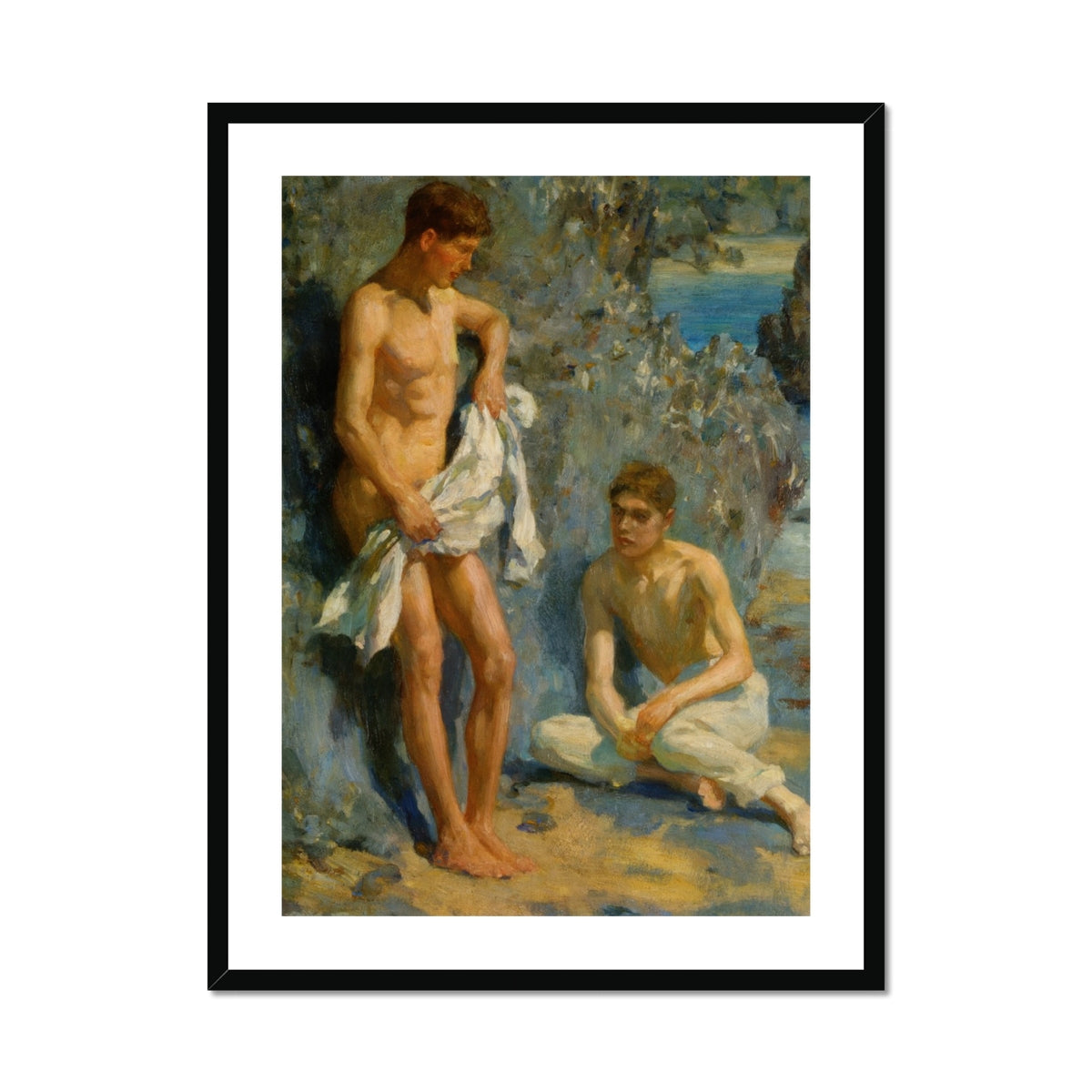 After the Bath Henry Scott Tuke Art Print, Framed Oil Painting Two Young Men Body Water