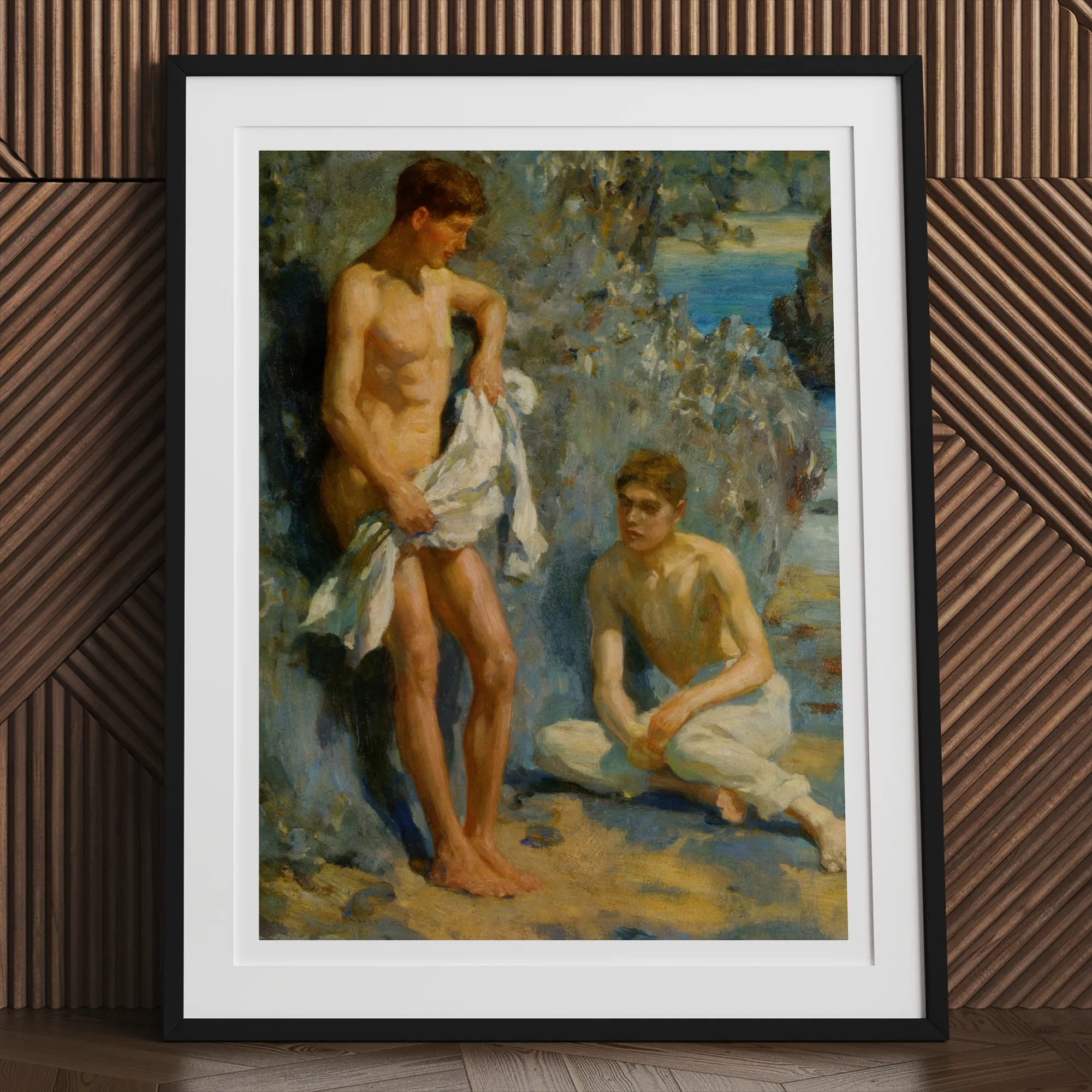 After the Bath Henry Scott Tuke Art Print, Framed Art Print Two Young Men Rocky Shore