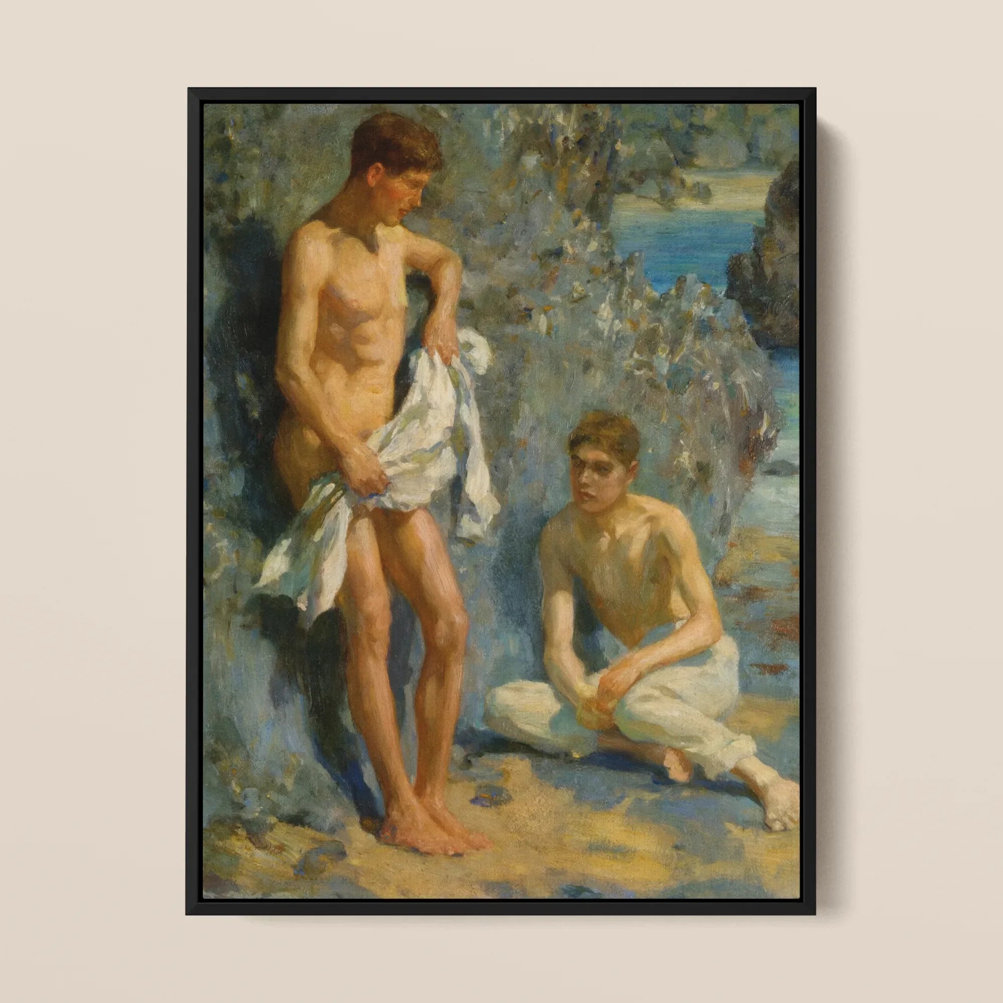 After the Bath Henry Scott Tuke Framed Canvas, Framed Oil Painting Two Young Men Beach