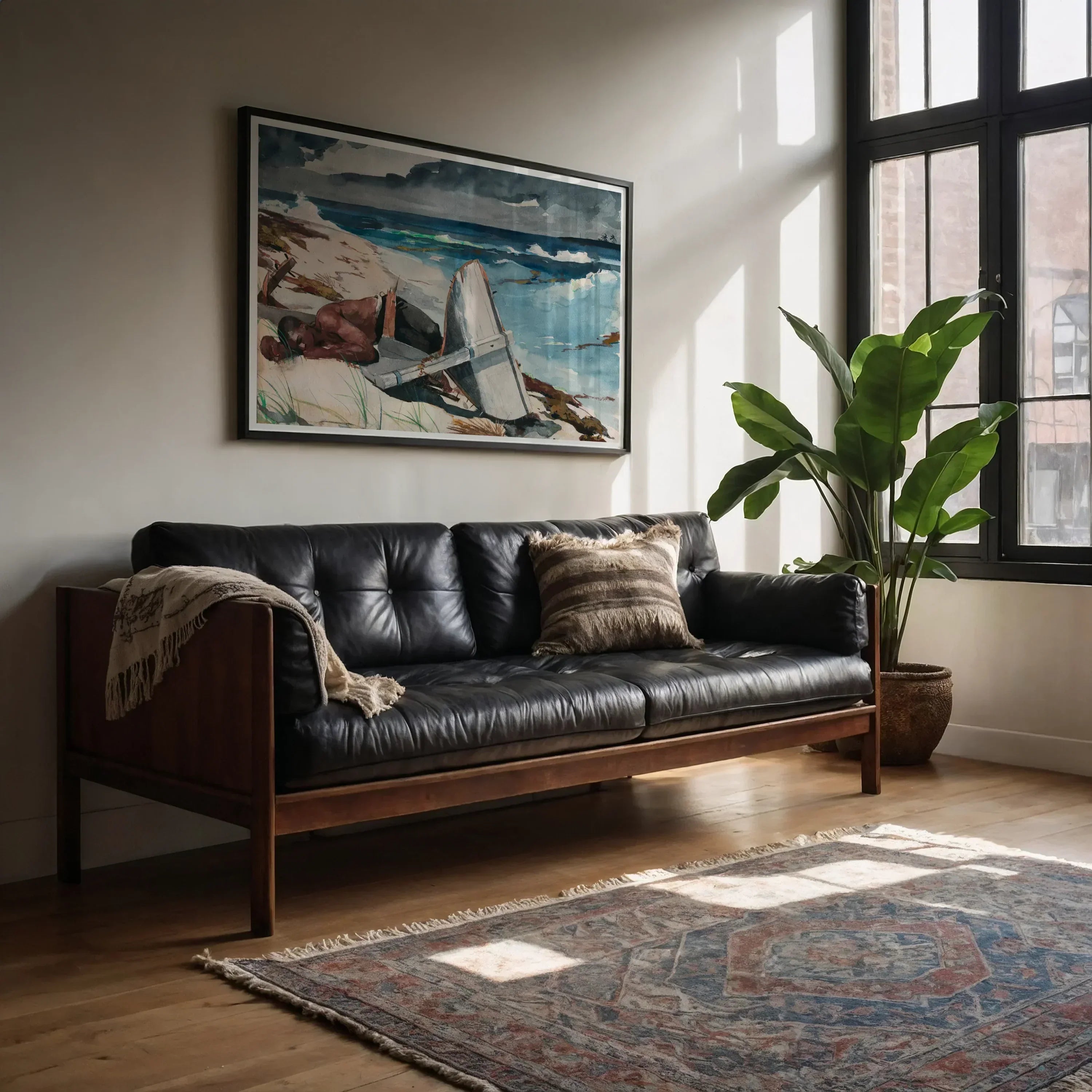 After the Hurricane Winslow Homer Art Print, 40x30’’ / 101x76cm / Unframed, Mid Century Modern Leather Sofa Wooden Frame Tufted Cushions