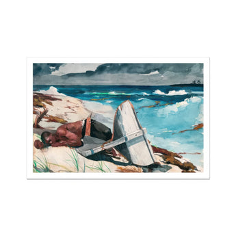 After the Hurricane - Winslow Homer Art Print, Beached White Sailboat Coastal Rocks