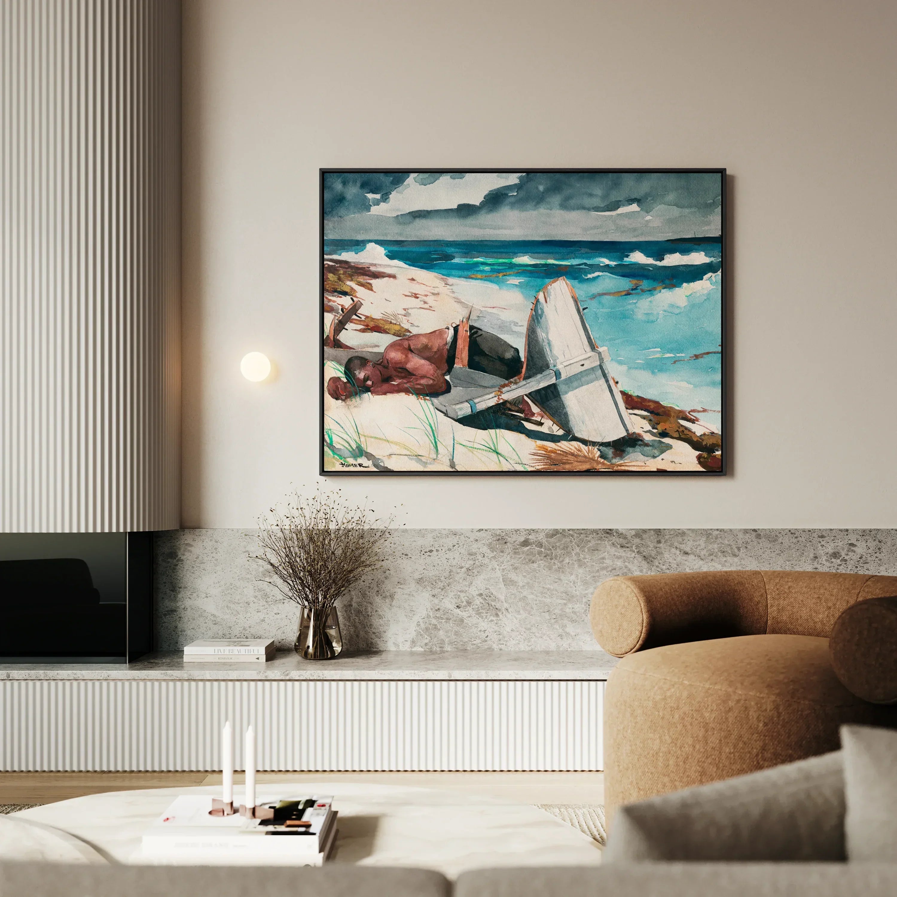 After the Hurricane - Winslow Homer Framed Canvas, 40’’x30’’, Framed Coastal Seascape Painting Turquoise Waters Rocky Shores