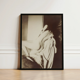 After the Bath - Edgar Degas Art Print / Canvas Black-framed Black-and-white Photographic Nude Figure Draped Fabric, Body Curling,