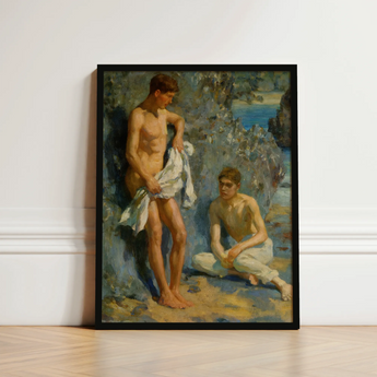 After the Bath - Henry Scott Tuke Art Print / Canvas Black-framed Painting Two Nude Male Figures Impressionistic Style Orchestrates Color,