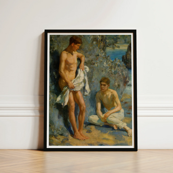 After the Bath - Henry Scott Tuke Art Print / Canvas Framed Oil Painting Two Nude Male Figures Coastal Orchestrates Color, Earth Tones,