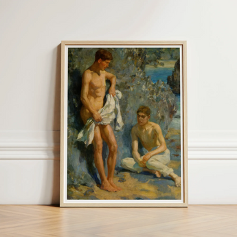 After the Bath - Henry Scott Tuke Art Print / Canvas Framed Classical Oil Painting Two Nude Male Figures Orchestrates Color, Earth Tones,