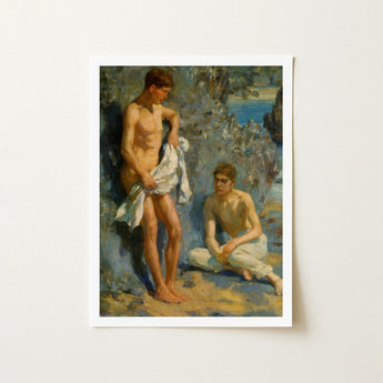 After the Bath - Henry Scott Tuke Art Print / Canvas Framed Reproduction Classical Oil Painting Two Nude Male Orchestrates Color, Earth