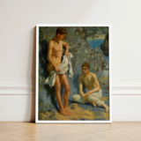 After the Bath - Henry Scott Tuke Art Print / Canvas Framed Reproduction Classical Oil Painting Two Nude Male Orchestrates Color, Earth