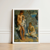 After the Bath - Henry Scott Tuke Art Print / Canvas White-framed Painting Two Nude Male Figures Coastal Rendered Orchestrates Color, Earth