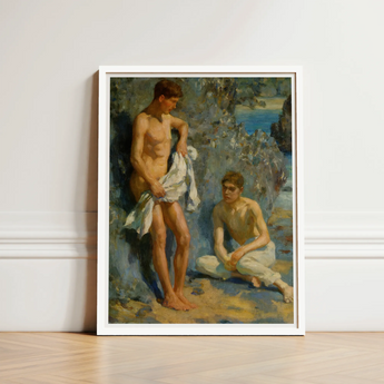 After the Bath - Henry Scott Tuke Art Print / Canvas White-framed Painting Two Nude Male Figures Coastal Rendered Orchestrates Color, Earth