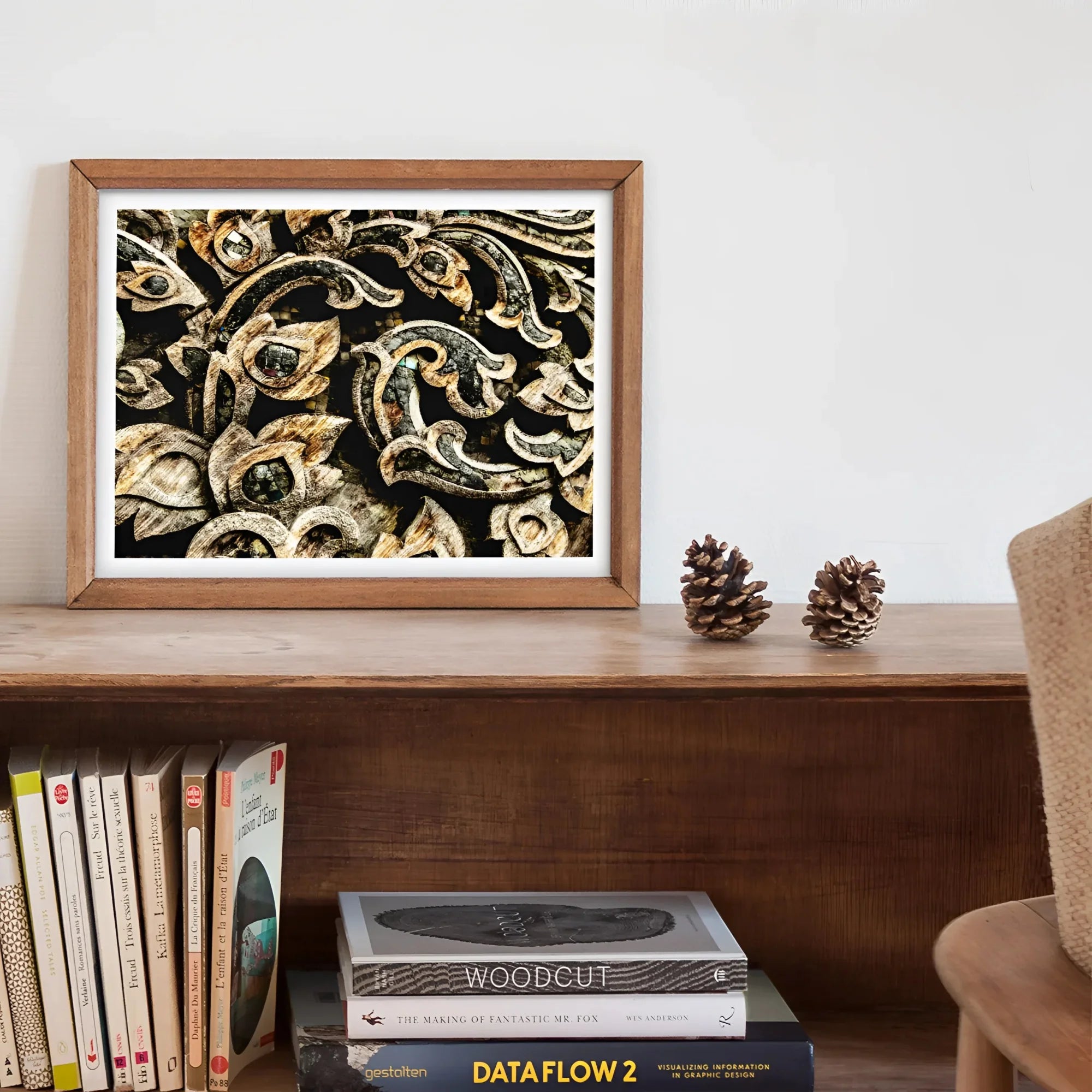 Against the Grain - Thai Woodwork Art Print, 14x11’’ / 36x28cm / Unframed, Framed Artwork Intricate Metallic Patterns Dark Background