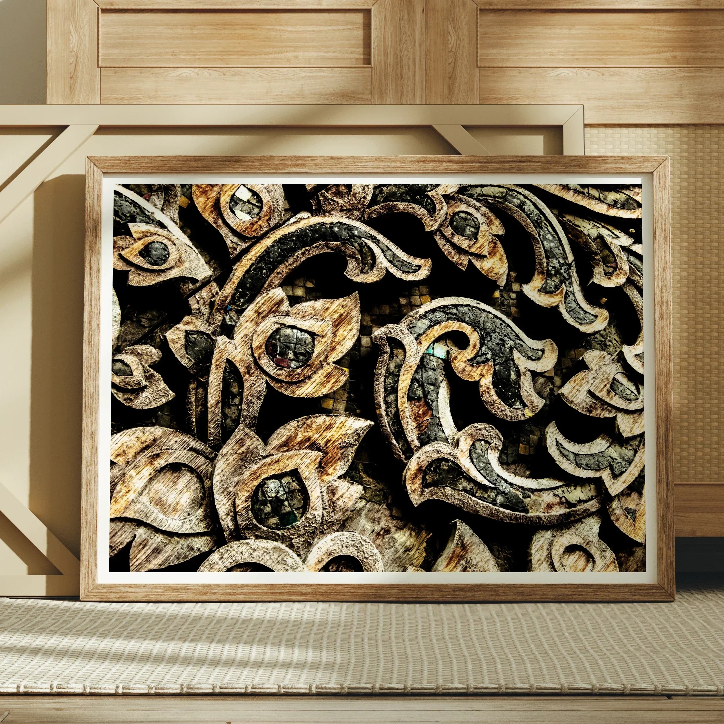 Against the Grain Thai Woodwork Art Print, 32x24’’ / 81x61cm / Unframed, Framed Artwork Ornate Metallic Scrollwork Patterns Gold Black