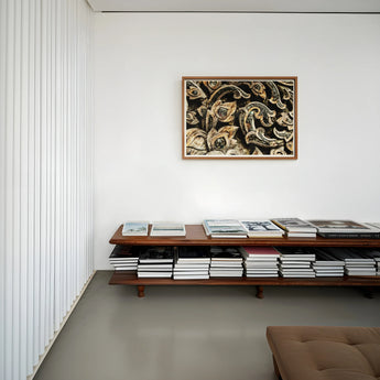 Against the Grain - Thai Woodwork Art Print, 40x30’’ / 101x76cm / Unframed, Two-tiered Wooden Bench Stacks Books Beneath Abstract Black