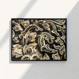 Black-framed Artwork Intricate Ornate Carvings Aged Gold Dark Ancient Thai Woodwork, Woodcarving, Weathered Surface