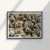 Black-framed Art Print Intricate Weathered Gold Dark Wood Ancient Thai Woodwork, Woodcarving, Surface
