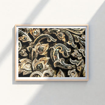Framed Print Intricate Weathered Wood Carvings Gold Black Ancient Thai Woodwork, Woodcarving, Surface