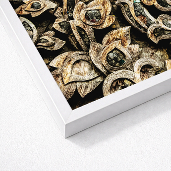White-framed Artwork Intricate Weathered Wooden Lotus Carvings Darkened Ancient Thai Woodwork, Woodcarving, Surface