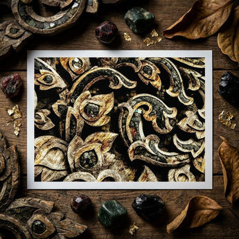 Against the Grain - Thai Woodwork Art Print / Canvas Framed Print Intricate Ornate Gold Black Mosaic Patterns Ancient Thai Woodwork,