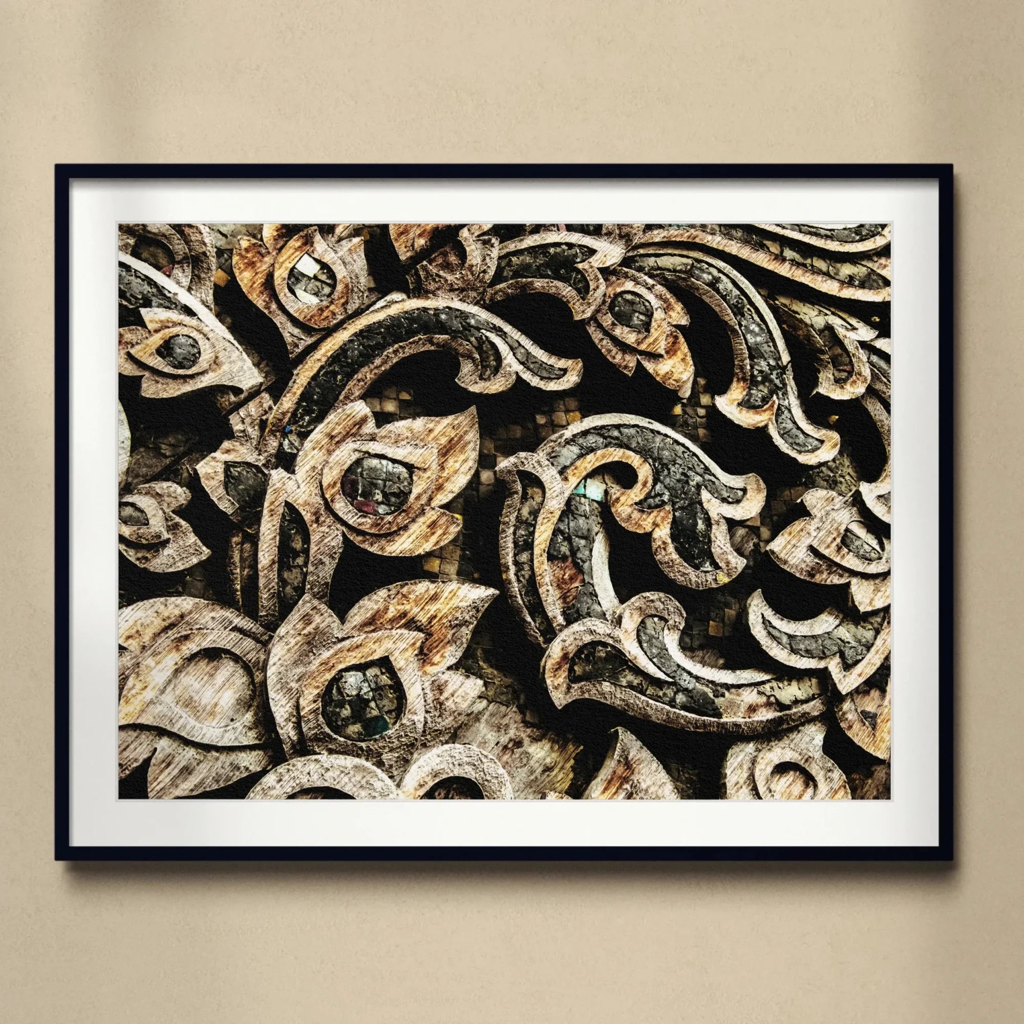 Against the Grain - Thai Woodwork Art Print, Framed Black White Photograph Ornate Carved Wooden Scrollwork