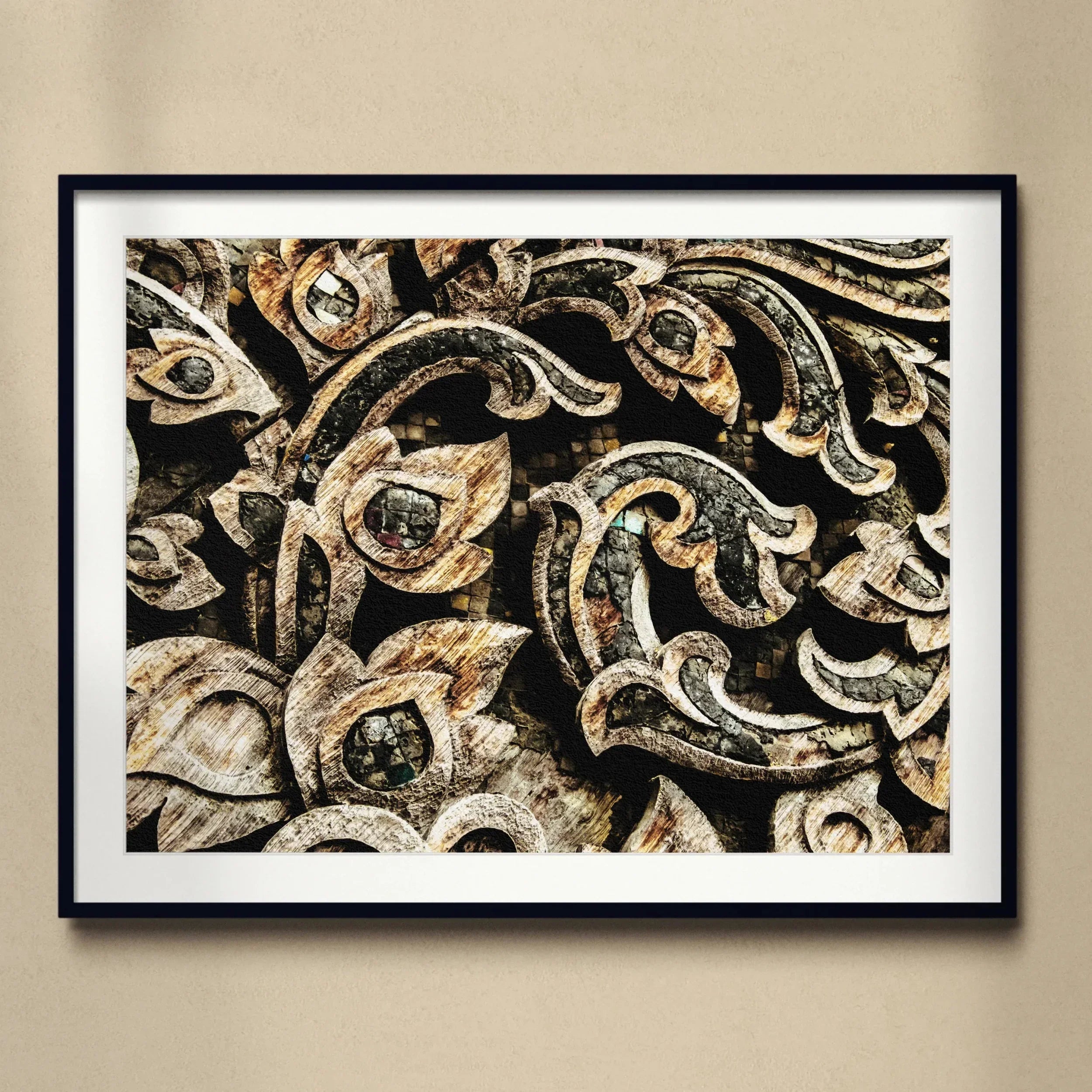 Against the Grain Thai Woodwork Art Print, Framed Black White Photograph Ornate Carved Wooden Scrollwork