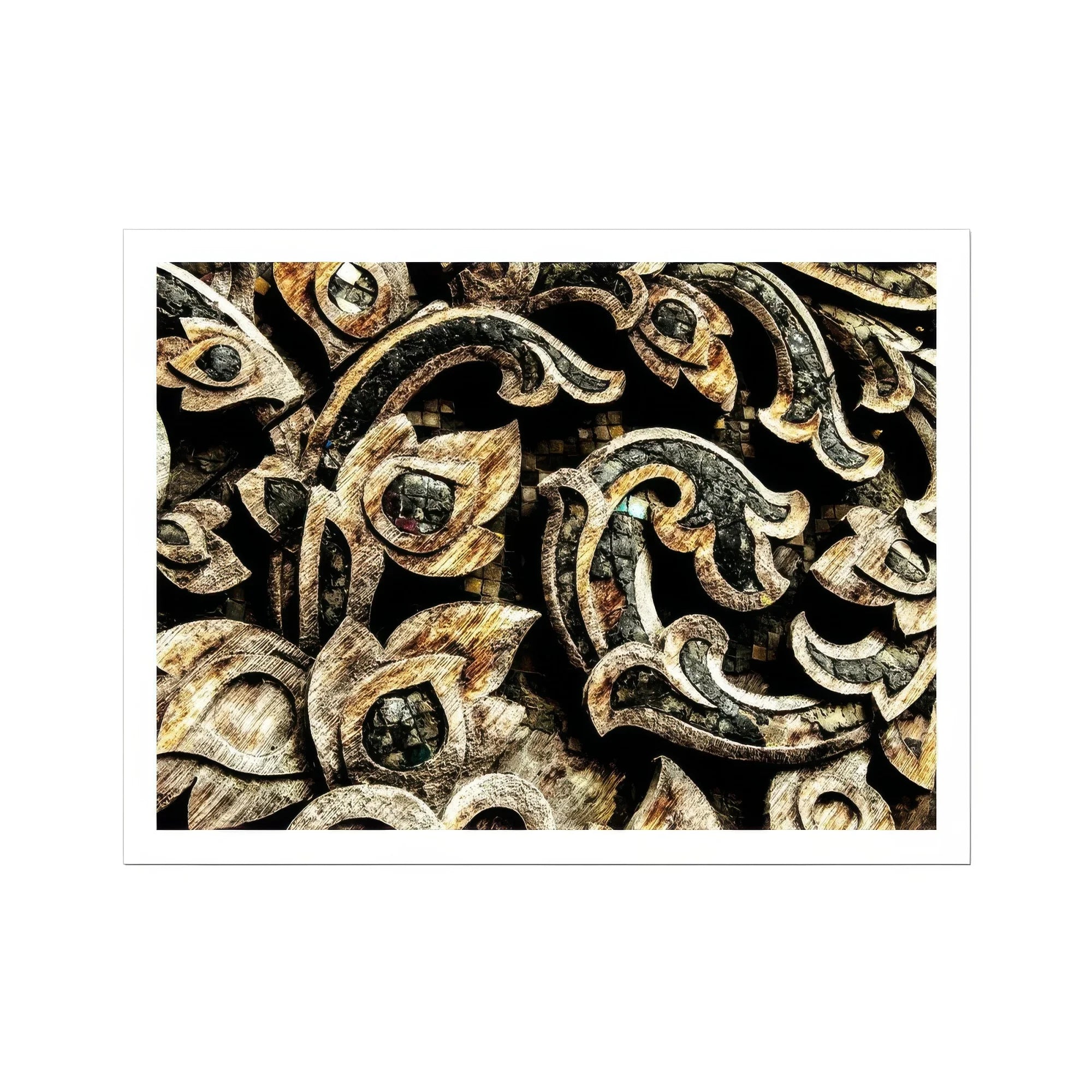 Against the Grain - Thai Woodwork Art Print, Ornate Carved Wooden Scrollwork Floral Patterns