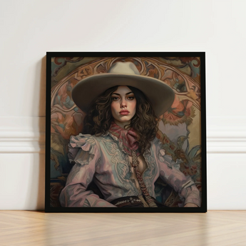 Framed Portrait Woman Wide-brimmed Hat Ornate Blouse Elegant Lesbian Cowgirl Art, Vintage Wlw, Sapphic Print