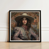 Framed Portrait Woman Wide-brimmed Hat Ornate Blouse Encased Lesbian Cowgirl Art, Vintage Wlw, Sapphic Print