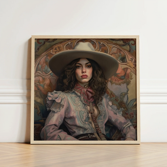 Framed Portrait Woman Wide-brimmed Hat Ornate Blouse Set Lesbian Cowgirl Art, Vintage Wlw, Sapphic Print