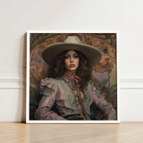 Framed Portrait Woman Wide-brimmed Hat Ornate Blouse White Lesbian Cowgirl Art, Vintage Wlw, Sapphic Print