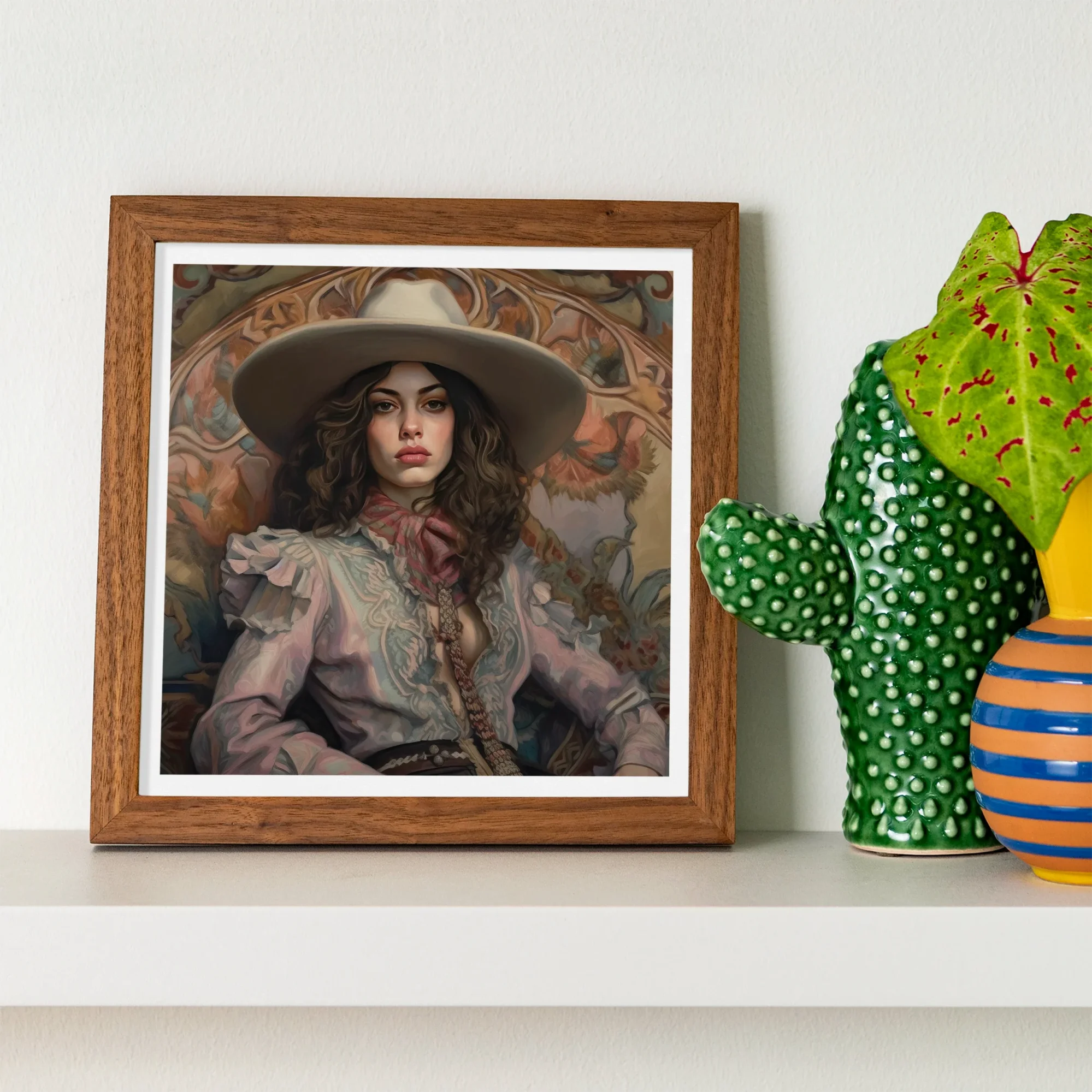 Alex - Lesbian Cowgirl Art Print, Framed Portrait Painting Figure Victorian-style Dress Wide-brimmed Hat