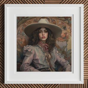 Alex - Lesbian Cowgirl Art Print, Framed Portrait Painting Wide-brimmed Hat Victorian-style Ruffled Blouse