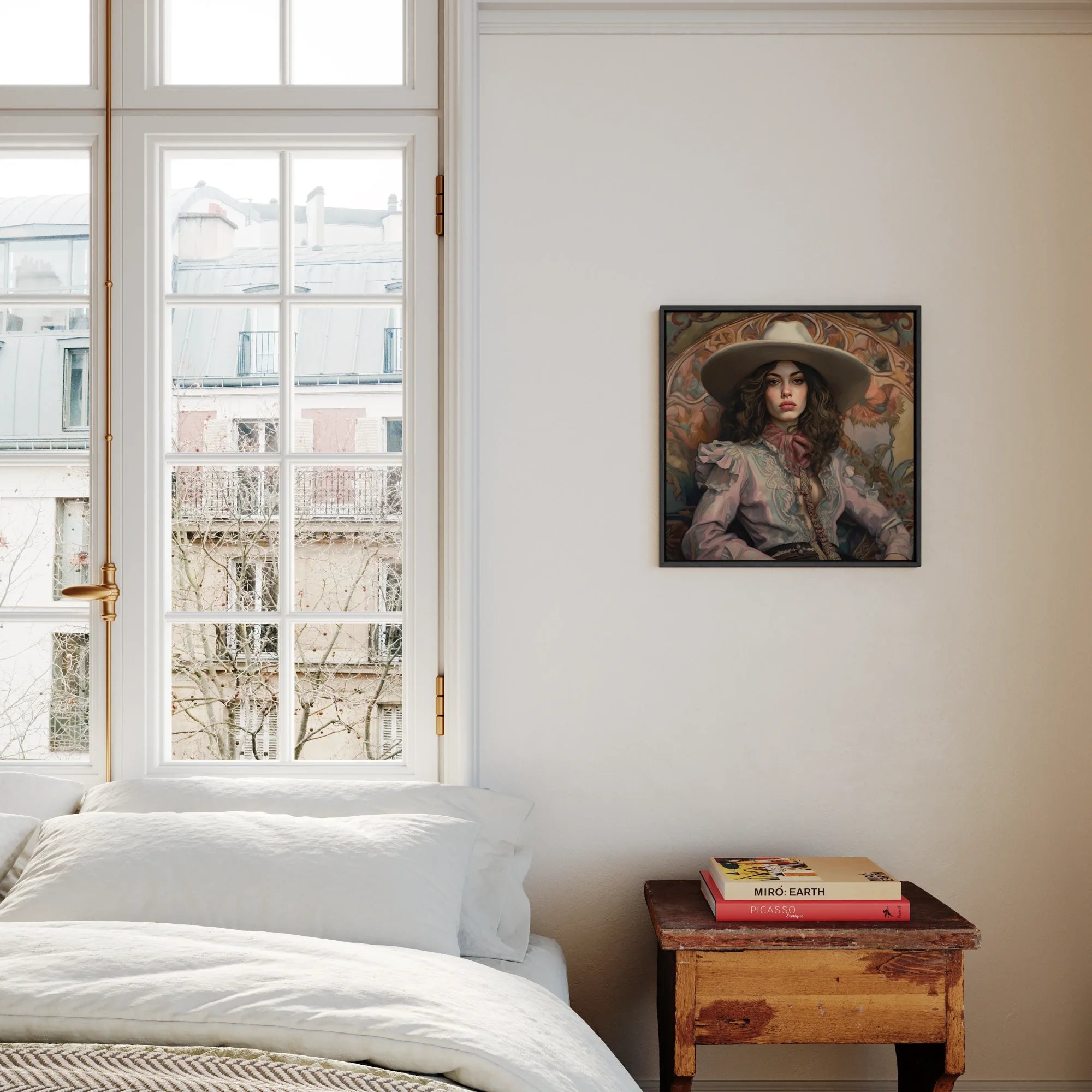 Alex - Lesbian Cowgirl Framed Canvas, Bedroom White Bed Window Framed Portrait Wall