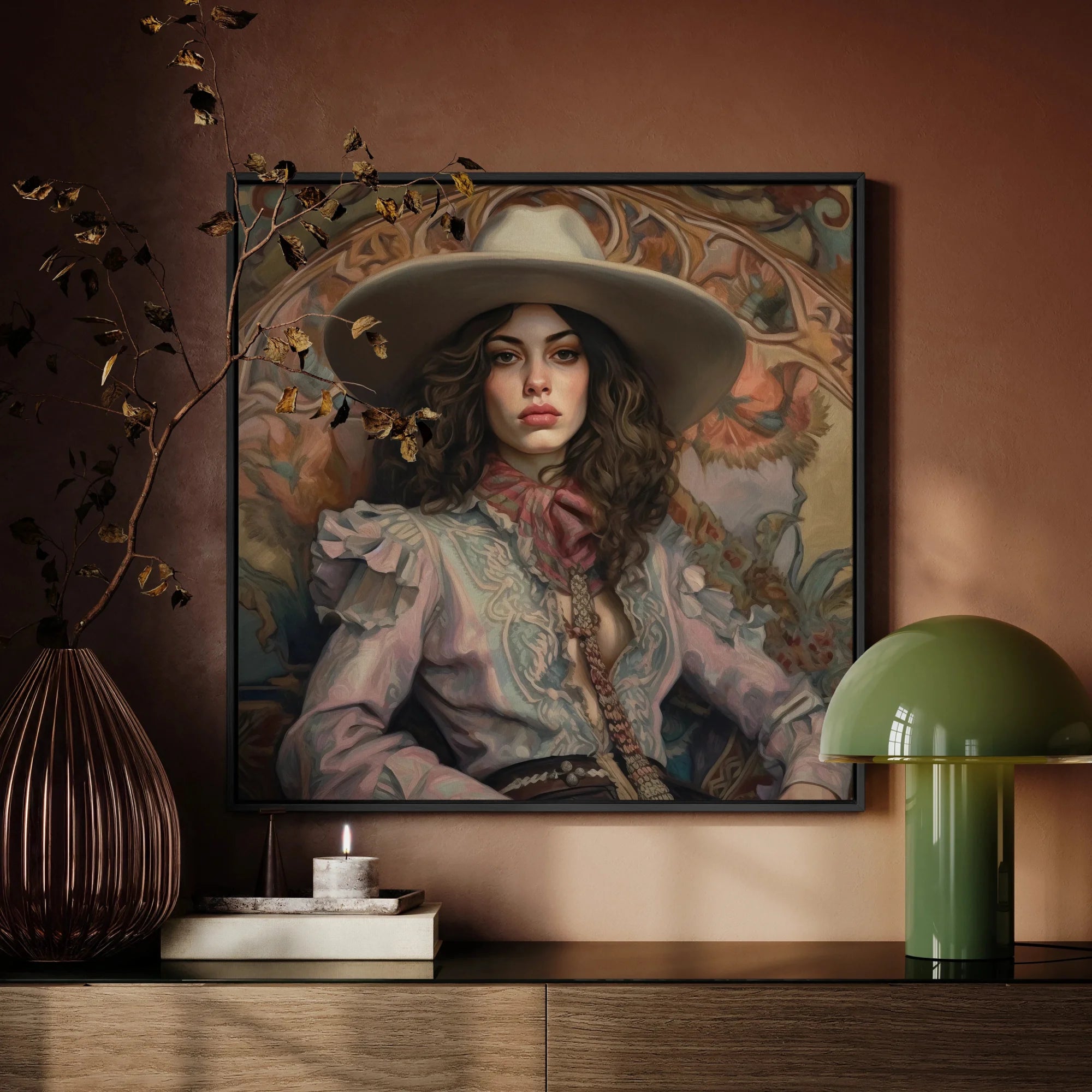 Alex - Lesbian Cowgirl Framed Canvas, Framed Portrait Painting Woman Ornate Hat Ruffled Blouse