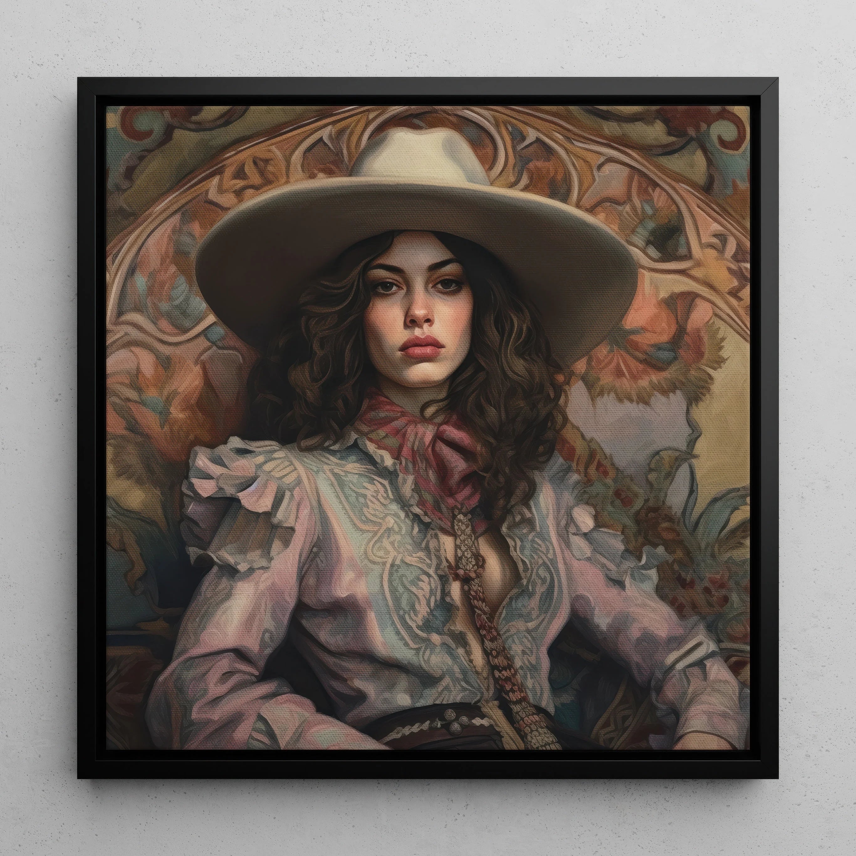Alex Lesbian Cowgirl Framed Canvas, Portrait Painting Woman Wide Brimmed Hat Ornate Victorian Style Blouse