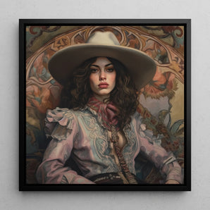 Alex - Lesbian Cowgirl Framed Canvas, Portrait Painting Woman Wide-brimmed Hat Ornate Victorian-style Blouse