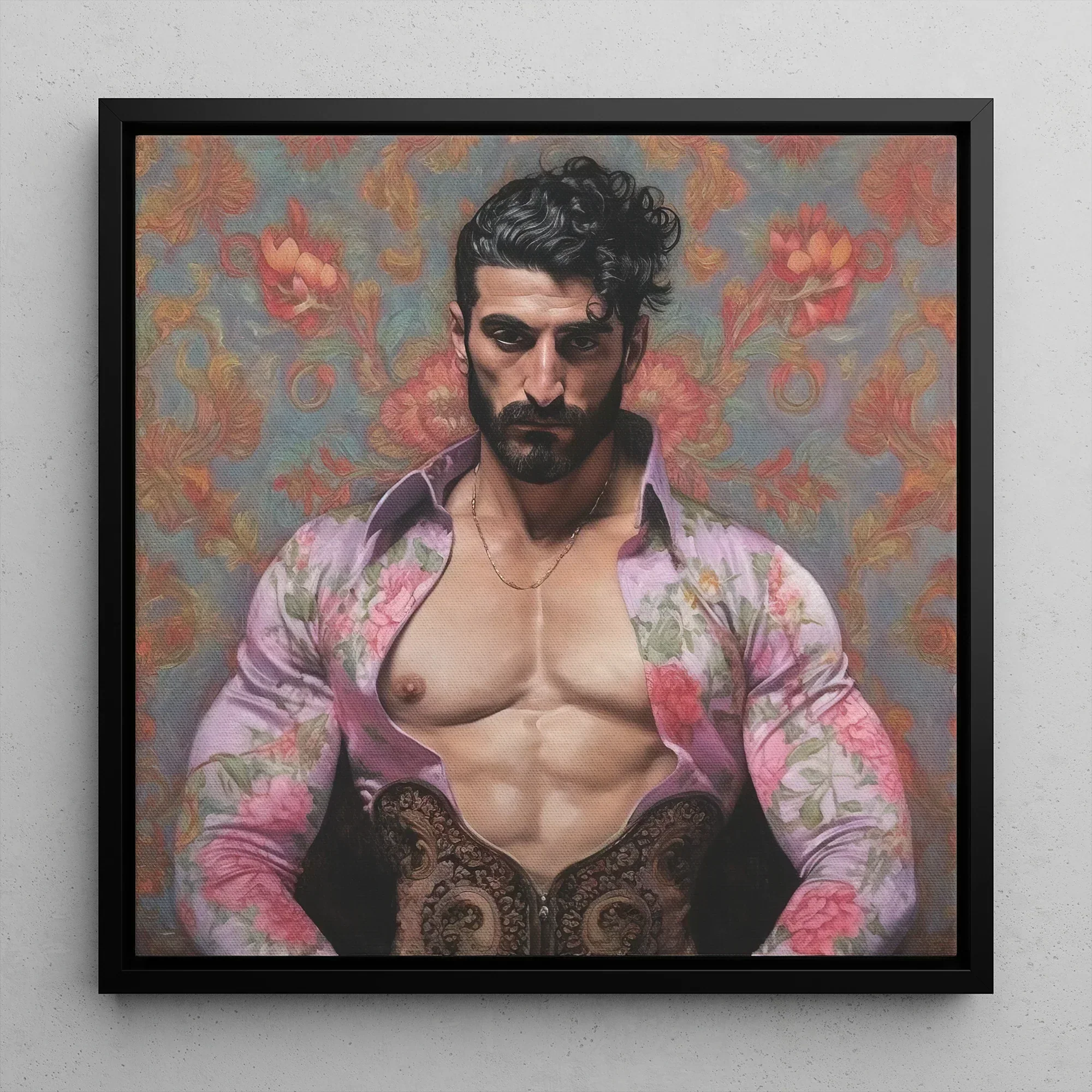 Alonso Queer Matador Art Framed Canvas, 12x12’’ / 31x31cm / Black Floating Frame, Framed Painting Muscular Man Floral Shirt