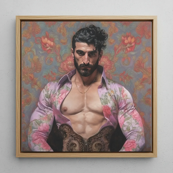 Alonso - Queer Matador Art Framed Canvas, 12x12’’ / 31x31cm / Natural Floating Frame, Framed Oil Painting Muscular Man Unbuttoned Floral