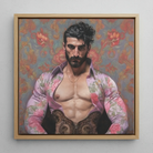 Alonso - Queer Matador Art Framed Canvas, 12x12’’ / 31x31cm / Natural Floating Frame, Framed Oil Painting Muscular Man Unbuttoned Floral