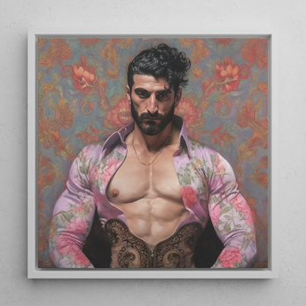 Alonso - Queer Matador Art Framed Canvas, 12x12’’ / 31x31cm / White Floating Frame, Masculine Floral Portrait