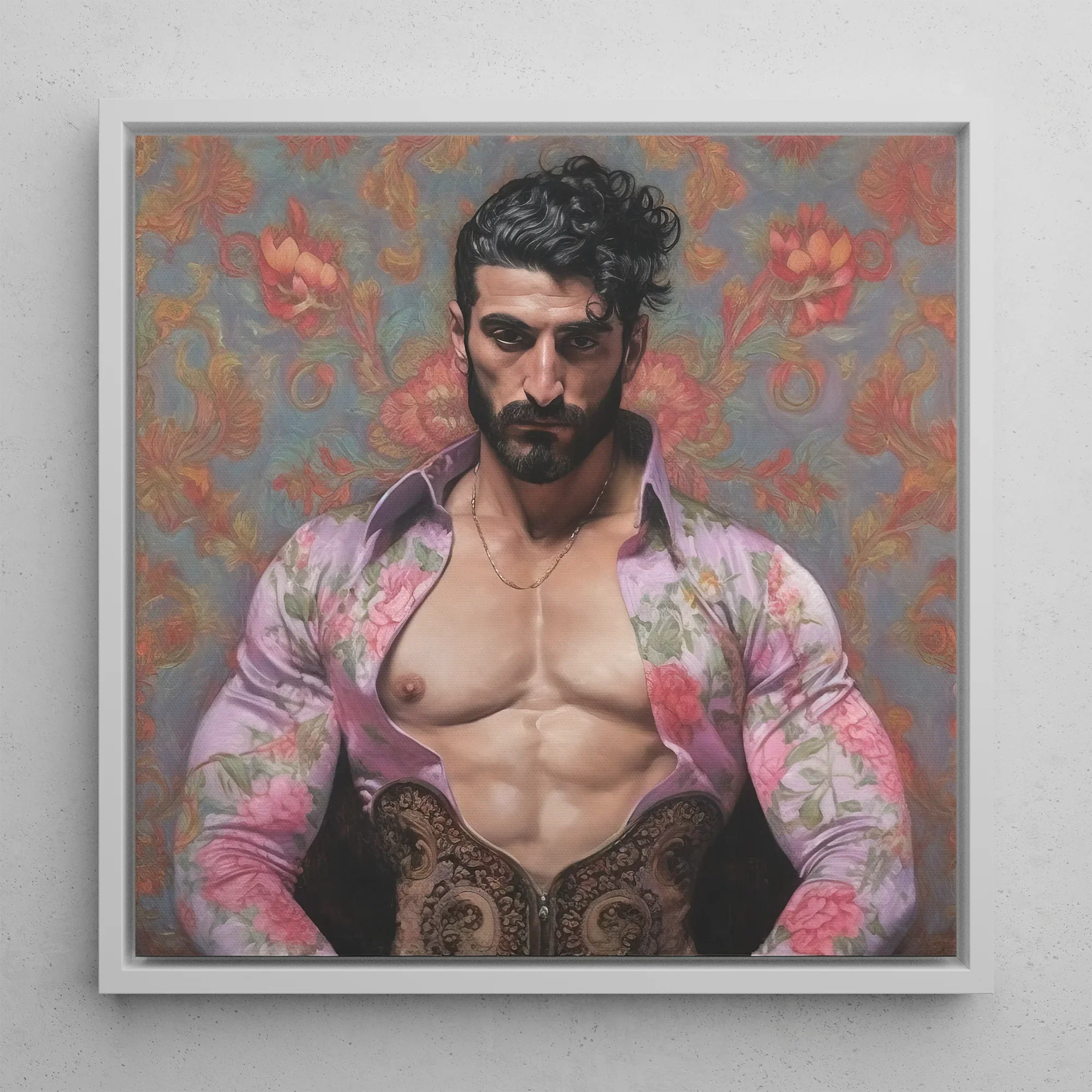 Alonso Queer Matador Art Framed Canvas, 12x12’’ / 31x31cm / White Floating Frame, Masculine Floral Portrait