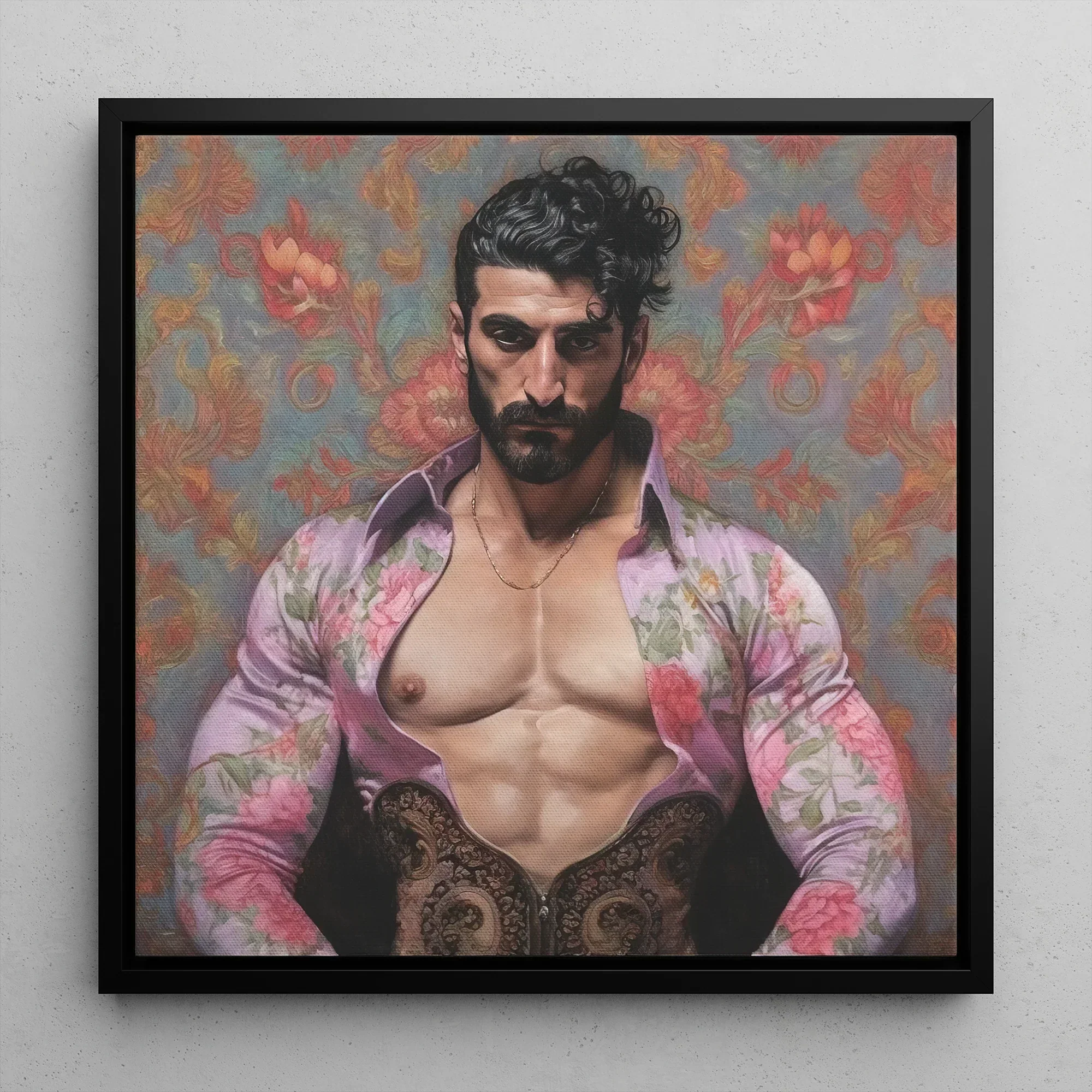 Alonso - Queer Matador Art Framed Canvas, 12’’x12’’ / Black Floating Frame, Framed Painting Muscular Man Floral Shirt
