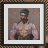 Alonso - Queer Matador Art Print, 12x12’’ / 31x31cm / Black Frame / 2’’ Matboard, Framed Portrait Muscular Man Open Floral Shirt
