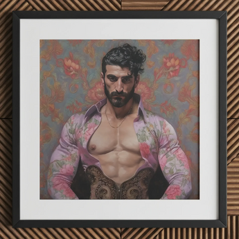 Alonso - Queer Matador Art Print, 12x12’’ / 31x31cm / Black Frame / 2’’ Matboard, Framed Portrait Muscular Man Open Floral Shirt