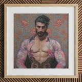 Alonso - Queer Matador Art Print, 12x12’’ / 31x31cm / Natural Frame / 2’’ Matboard, Framed Print Muscular Man Open Floral Shirt Ornate