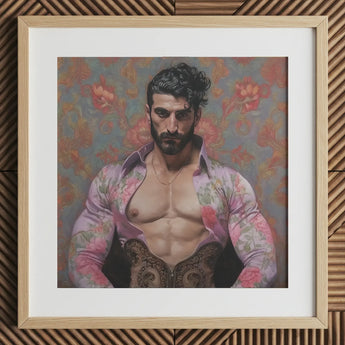 Alonso - Queer Matador Art Print, 12x12’’ / 31x31cm / Natural Frame / 2’’ Matboard, Framed Print Muscular Man Open Floral Shirt Ornate